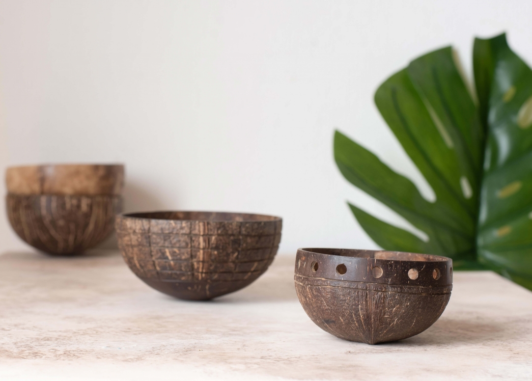 Handcrafted in Indonesia, these coconut bowls begin life as a humble shell.