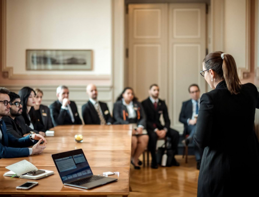 A group of people listening to a female manager talking.